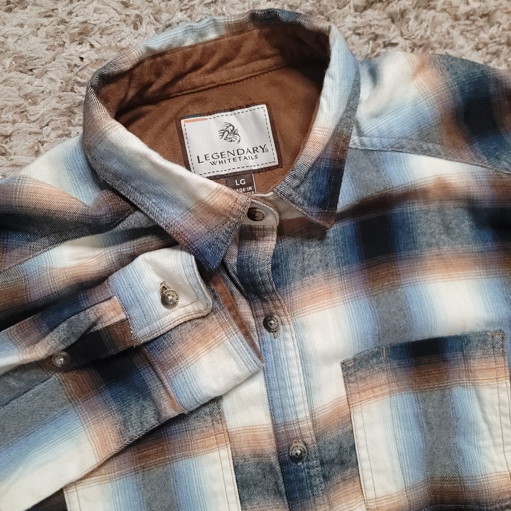 Legendary Whitetails Plaid Flannel Shirt Mens L Blue Brown Rayon Blend POLW-2276